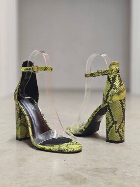 Green Snake Print Heeled Sandals With Clear Strap & Adjustable Ankle Buckle Bloc